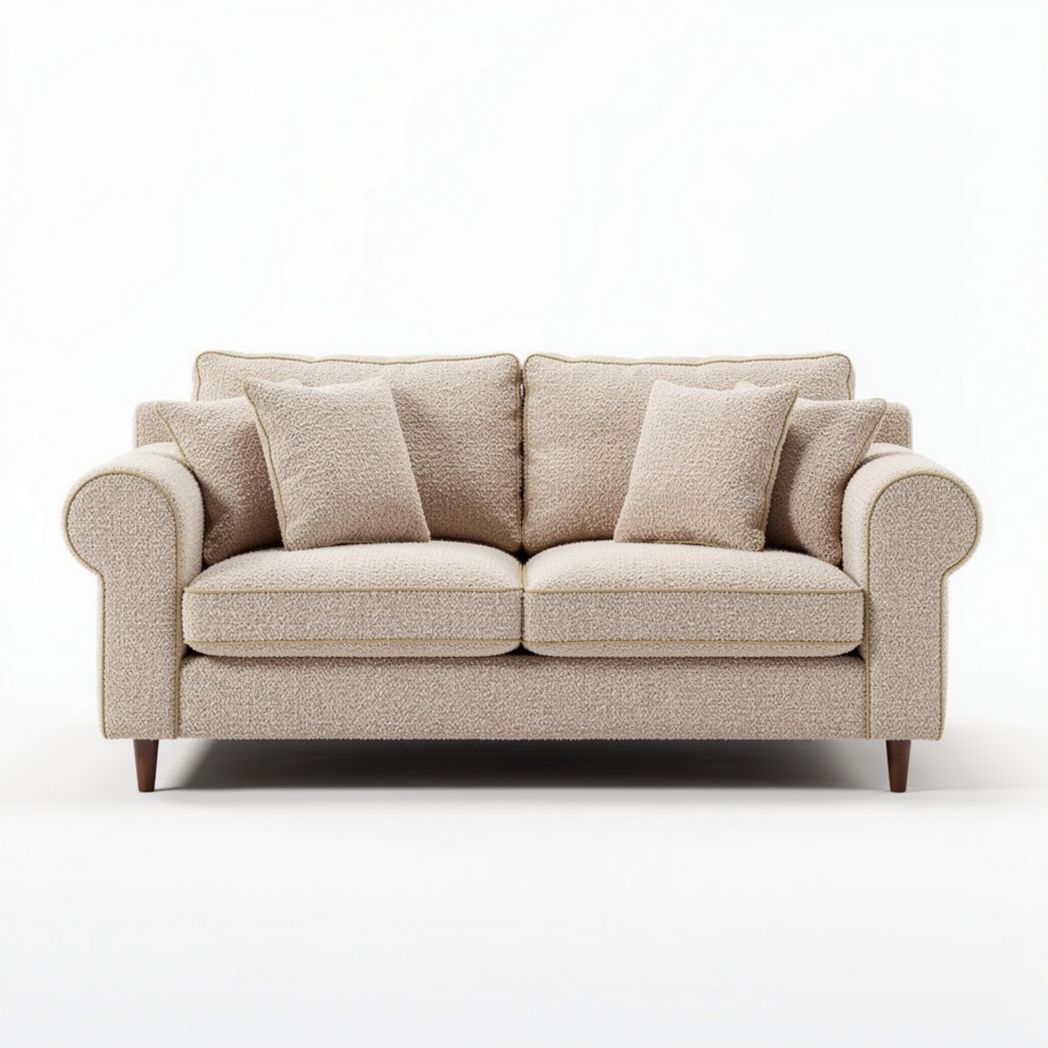 Zweisitzer sofa aus beige strukturiertem stoff mit kissen 180 x 90 x 80cm