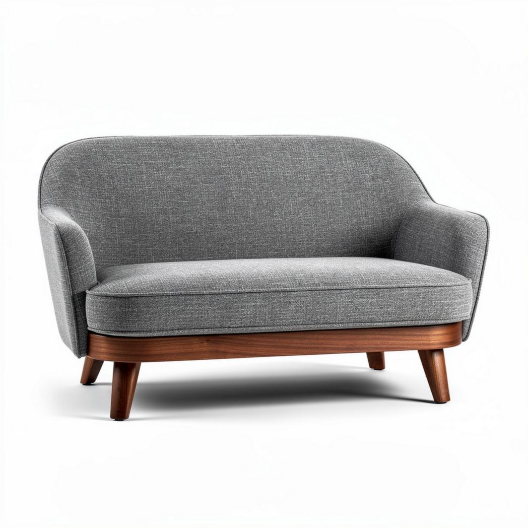 Zweisitzer sofa aus grauem stoff mit holzbeinen 120 x 70 x 75cm