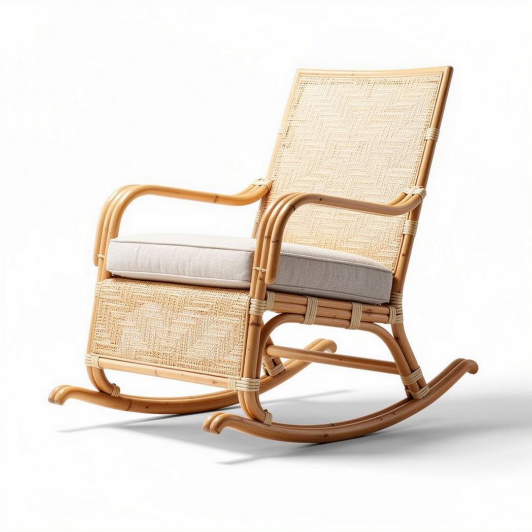 Schaukelstuhl aus Rattan mit beigem Polster 80 x 60 x 100 cm